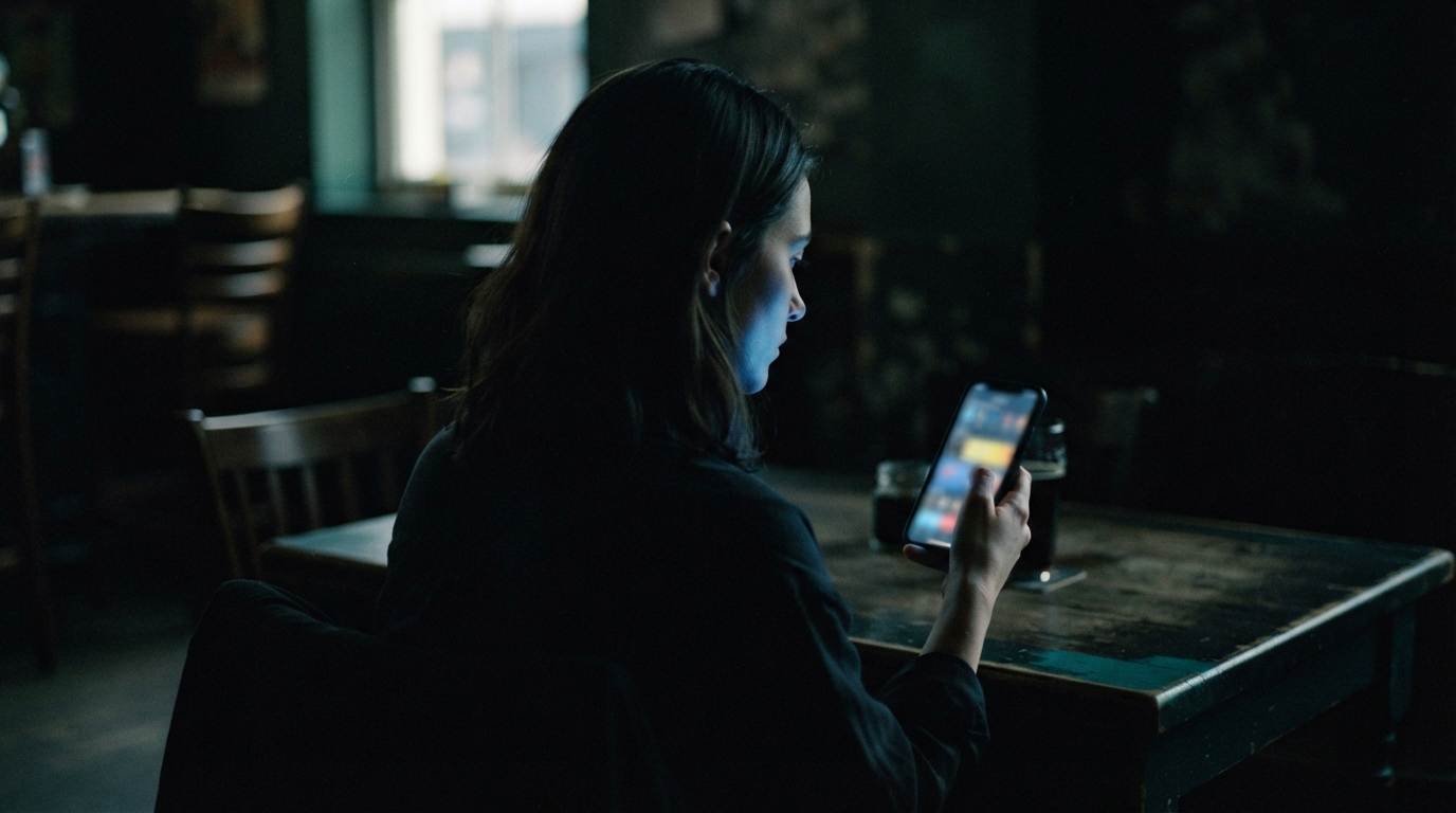 Woman seated at a dim café table, illuminated by and looking at a smartphone.